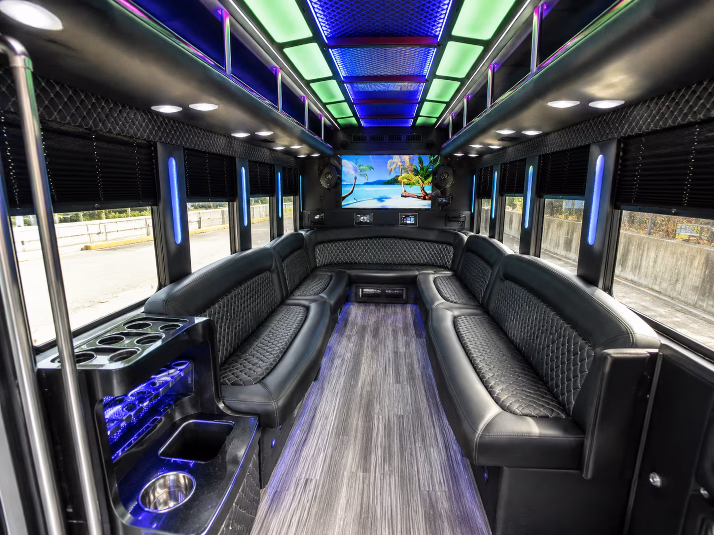 Passenger seating aboard a party bus rental serving Elizabeth