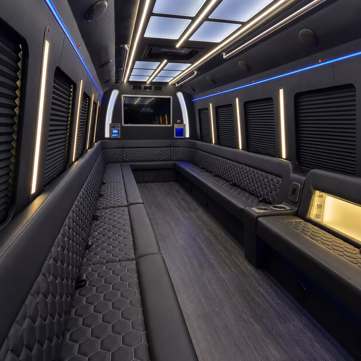 Interior of a party bus rental serving Elizabeth